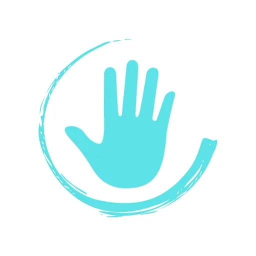 Logo avec une main turquoise au centre d'un cercle incomplet de même couleur symbolisant la protection contre les PN